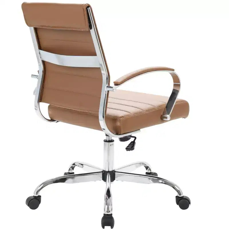 Fauteuil de bureau en cuir côtelé – Chaise de bureau exécutive pivotante et inclinable moderne du milieu du siècle, piètement chromé