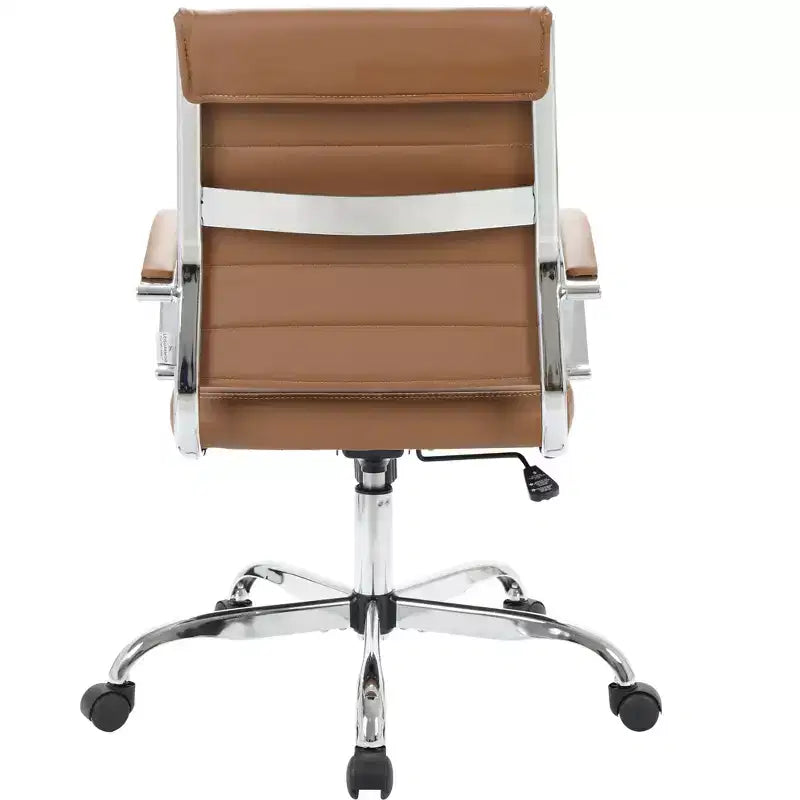 Fauteuil de bureau en cuir côtelé – Chaise de bureau exécutive pivotante et inclinable moderne du milieu du siècle, piètement chromé