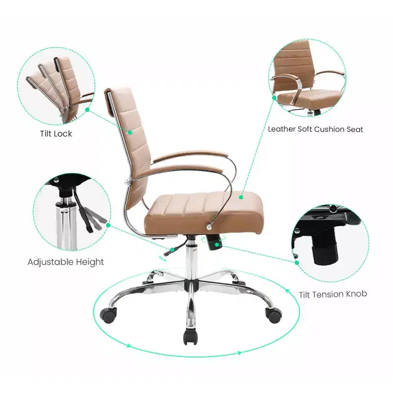 Fauteuil de bureau en cuir côtelé – Chaise de bureau exécutive pivotante et inclinable moderne du milieu du siècle, piètement chromé