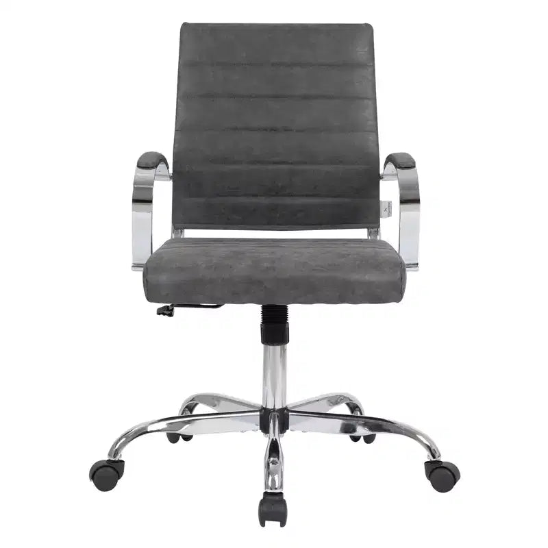 Fauteuil de bureau en cuir côtelé – Chaise de bureau exécutive pivotante et inclinable moderne du milieu du siècle, piètement chromé