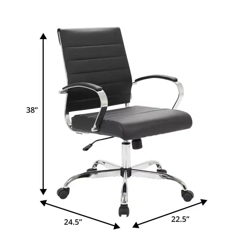 Ribbed Leather Office Chair – Mid-Century Modern Swivel & Tilt Executive Desk Chair, Chrome Base