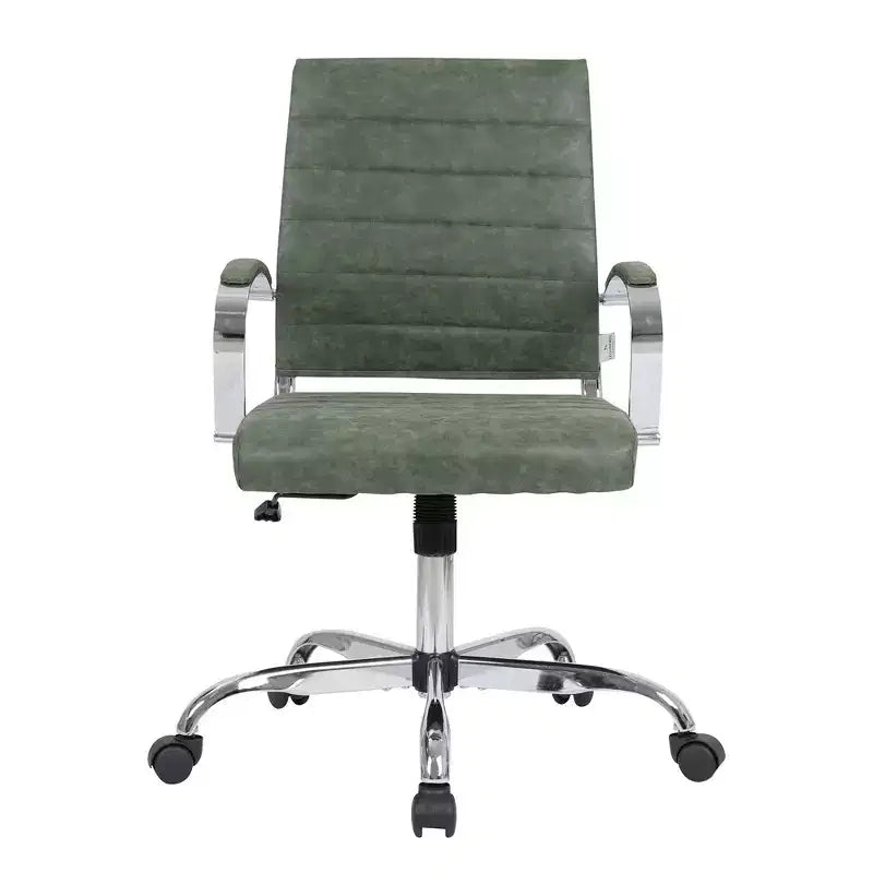 Fauteuil de bureau en cuir côtelé – Chaise de bureau exécutive pivotante et inclinable moderne du milieu du siècle, piètement chromé