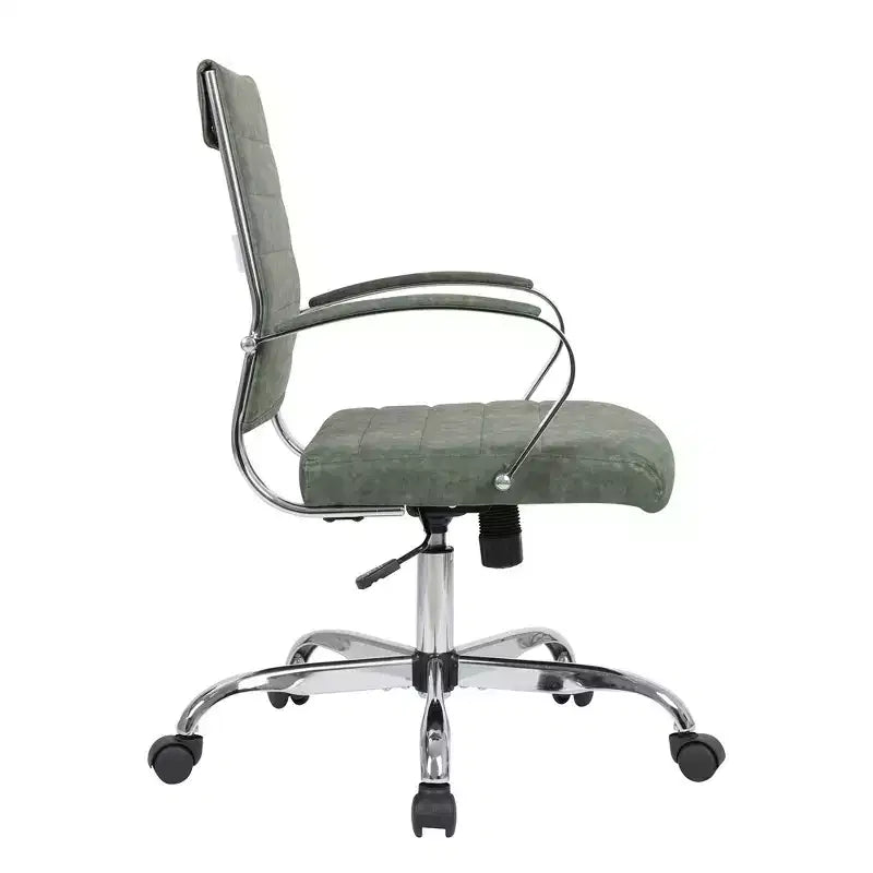 Fauteuil de bureau en cuir côtelé – Chaise de bureau exécutive pivotante et inclinable moderne du milieu du siècle, piètement chromé