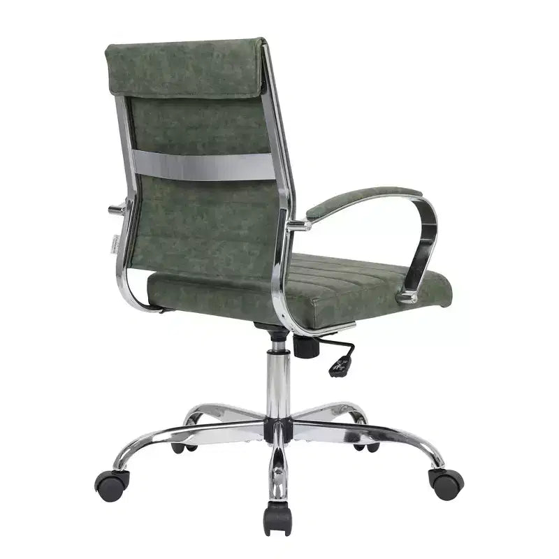 Fauteuil de bureau en cuir côtelé – Chaise de bureau exécutive pivotante et inclinable moderne du milieu du siècle, piètement chromé