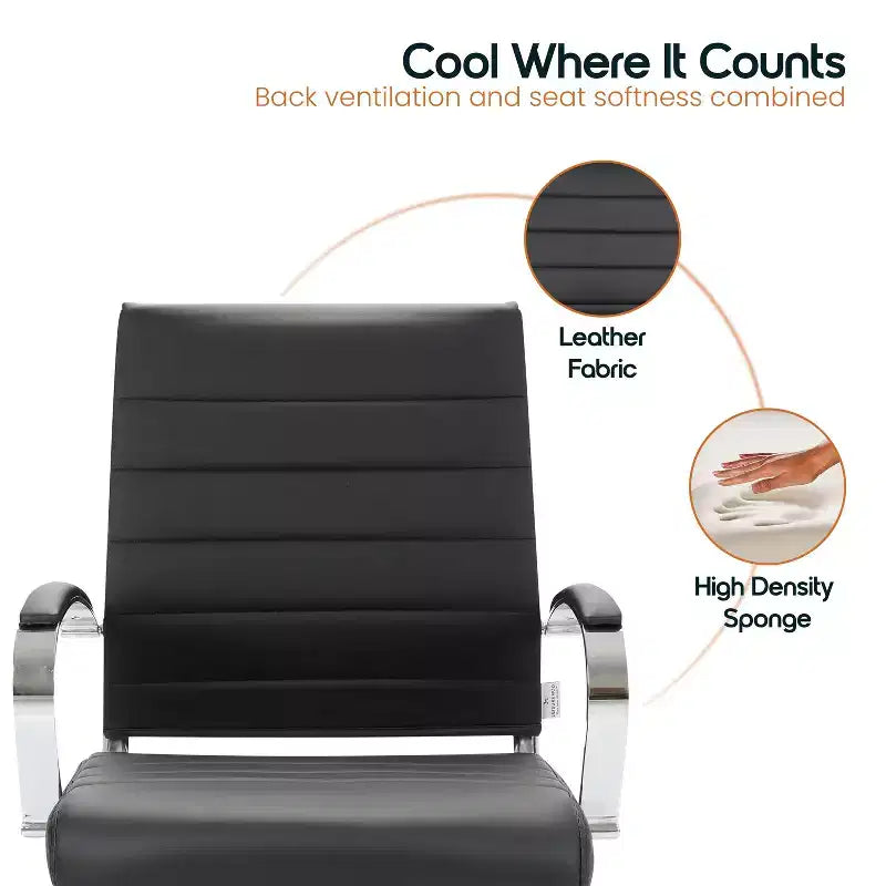 Ribbed Leather Office Chair – Mid-Century Modern Swivel & Tilt Executive Desk Chair, Chrome Base