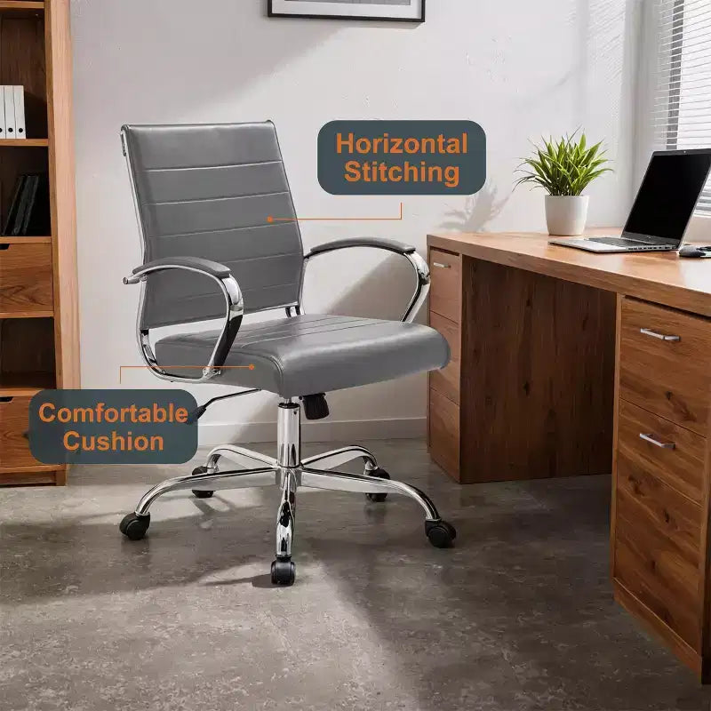 Fauteuil de bureau en cuir côtelé – Chaise de bureau exécutive pivotante et inclinable moderne du milieu du siècle, piètement chromé