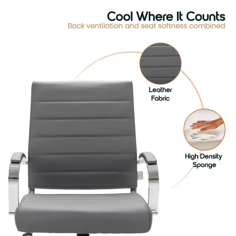 Fauteuil de bureau en cuir côtelé – Chaise de bureau exécutive pivotante et inclinable moderne du milieu du siècle, piètement chromé