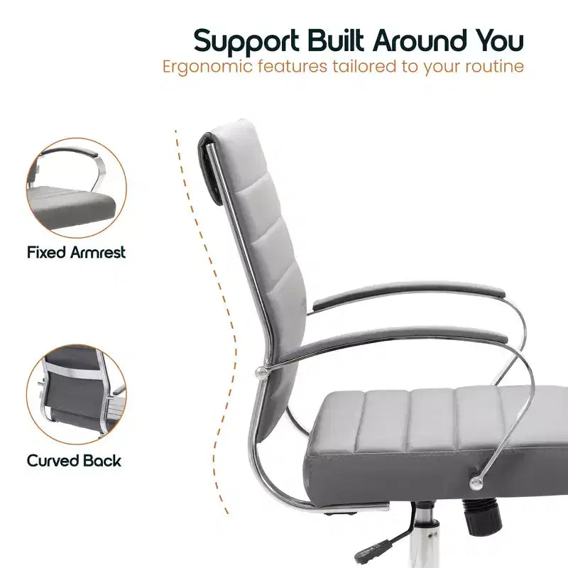 Fauteuil de bureau en cuir côtelé – Chaise de bureau exécutive pivotante et inclinable moderne du milieu du siècle, piètement chromé