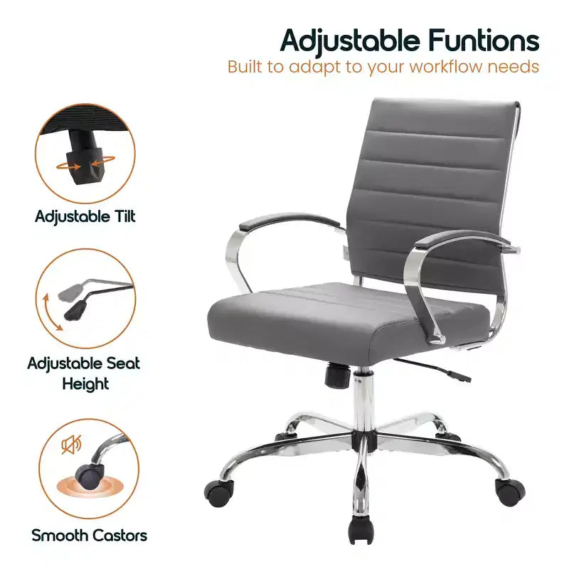 Fauteuil de bureau en cuir côtelé – Chaise de bureau exécutive pivotante et inclinable moderne du milieu du siècle, piètement chromé