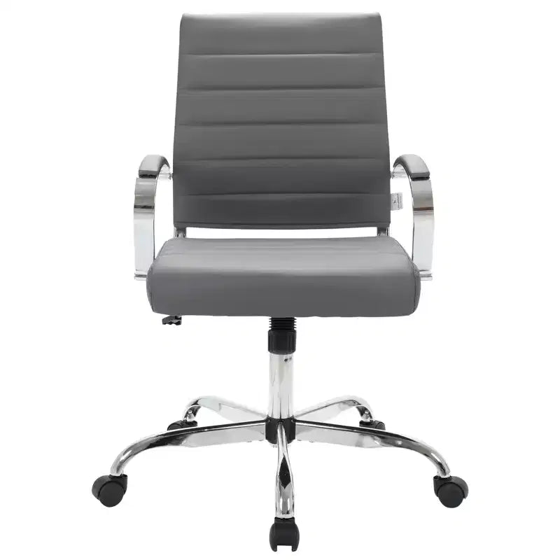 Fauteuil de bureau en cuir côtelé – Chaise de bureau exécutive pivotante et inclinable moderne du milieu du siècle, piètement chromé