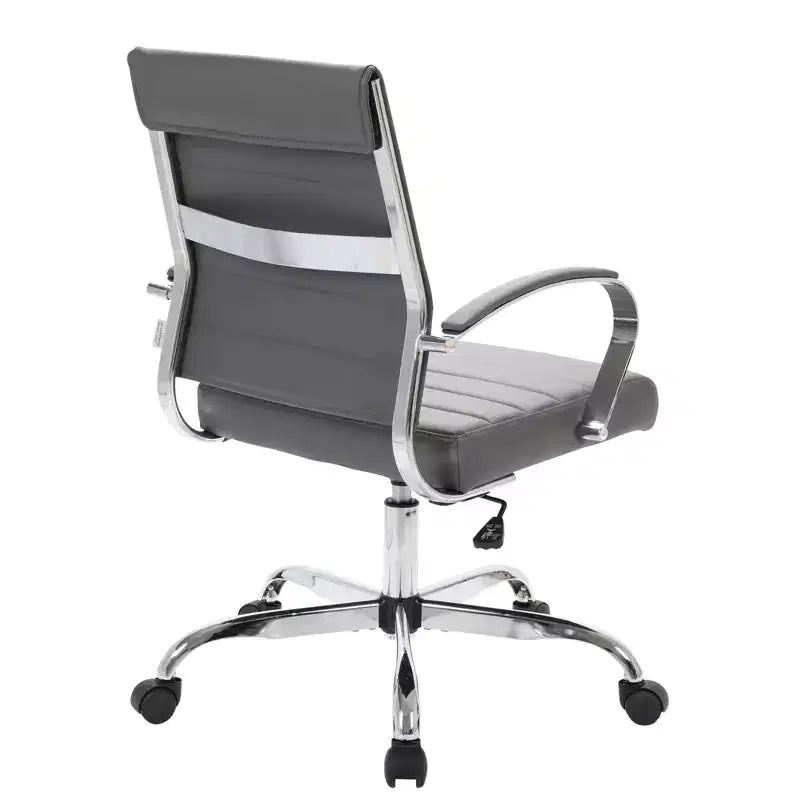 Fauteuil de bureau en cuir côtelé – Chaise de bureau exécutive pivotante et inclinable moderne du milieu du siècle, piètement chromé