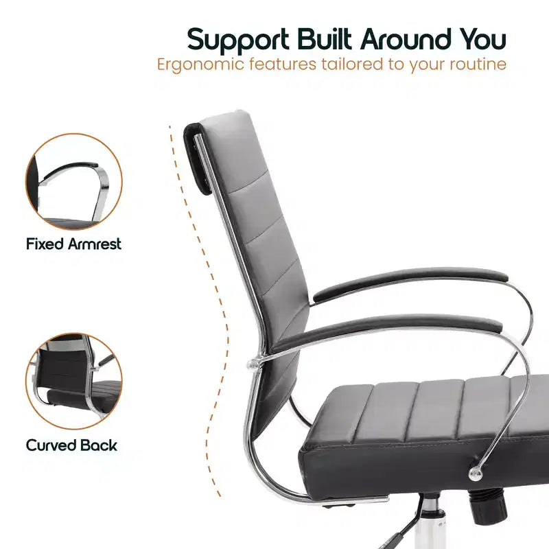 Fauteuil de bureau en cuir côtelé – Chaise de bureau exécutive pivotante et inclinable moderne du milieu du siècle, piètement chromé