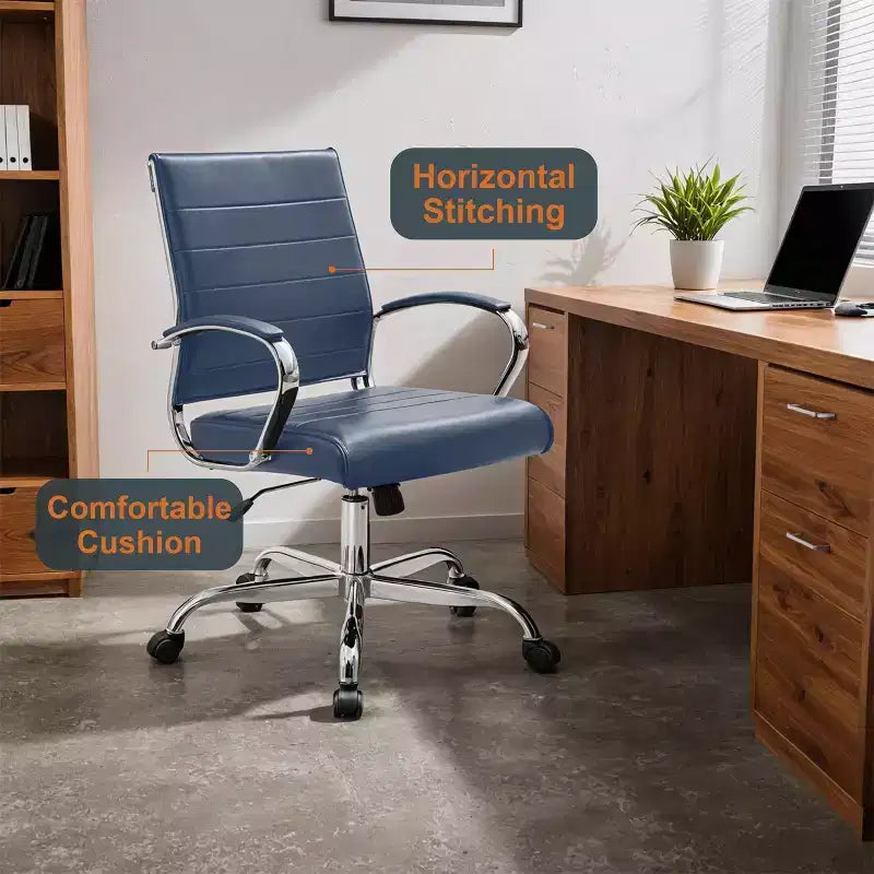 Fauteuil de bureau en cuir côtelé – Chaise de bureau exécutive pivotante et inclinable moderne du milieu du siècle, piètement chromé