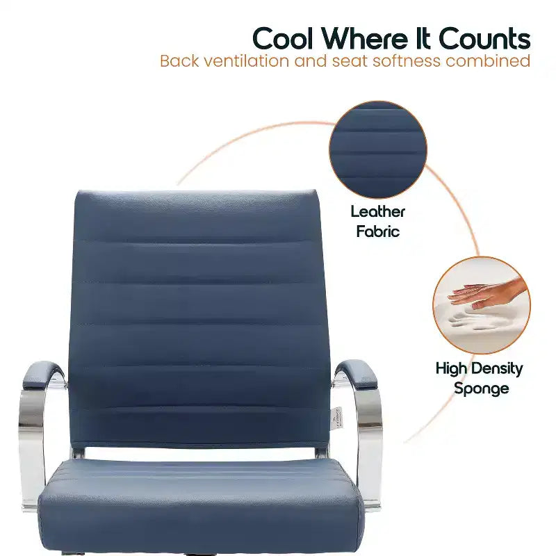 Fauteuil de bureau en cuir côtelé – Chaise de bureau exécutive pivotante et inclinable moderne du milieu du siècle, piètement chromé
