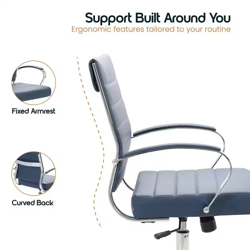 Fauteuil de bureau en cuir côtelé – Chaise de bureau exécutive pivotante et inclinable moderne du milieu du siècle, piètement chromé