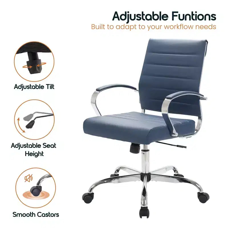 Fauteuil de bureau en cuir côtelé – Chaise de bureau exécutive pivotante et inclinable moderne du milieu du siècle, piètement chromé