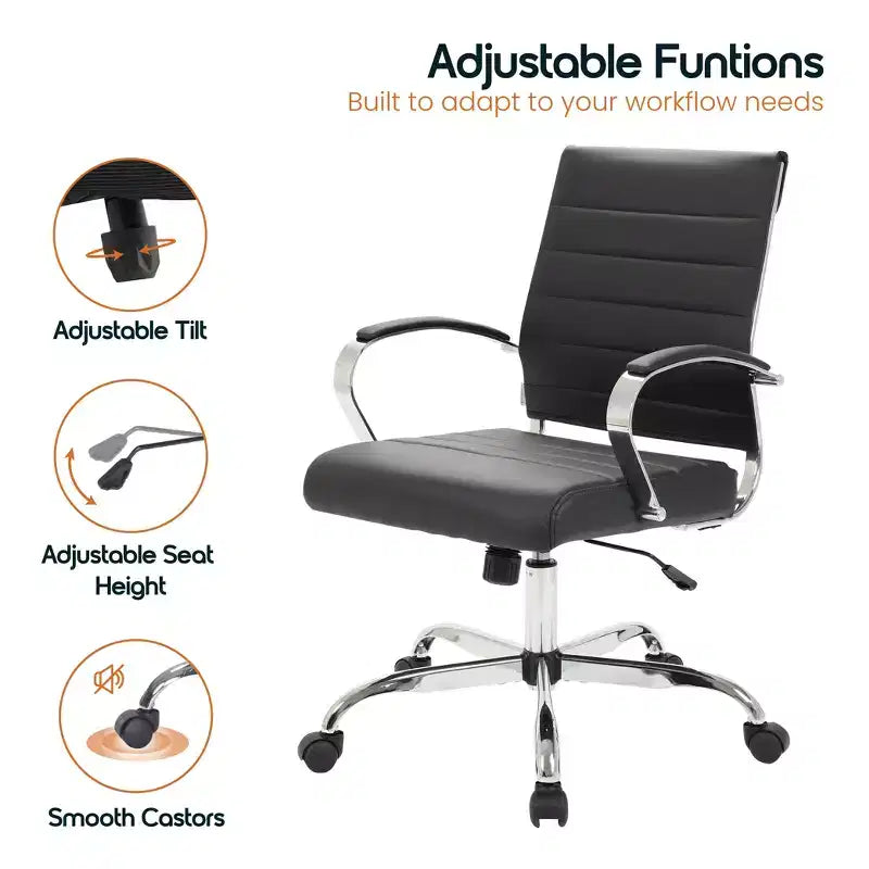 Ribbed Leather Office Chair – Mid-Century Modern Swivel & Tilt Executive Desk Chair, Chrome Base