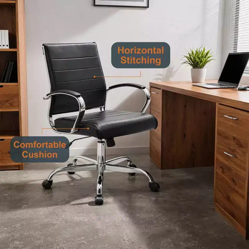 Fauteuil de bureau en cuir côtelé – Chaise de bureau exécutive pivotante et inclinable moderne du milieu du siècle, piètement chromé