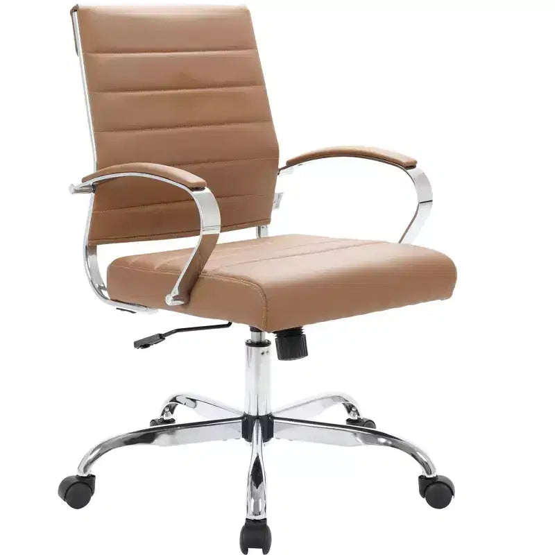 Ribbed Leather Office Chair – Mid-Century Modern Swivel & Tilt Executive Desk Chair, Chrome Base