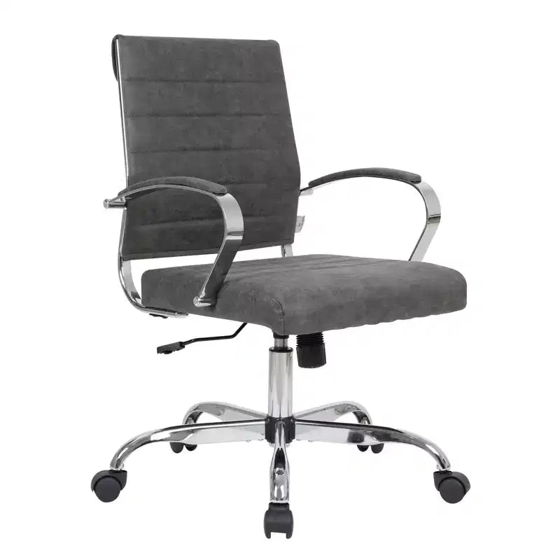 Ribbed Leather Office Chair – Mid-Century Modern Swivel & Tilt Executive Desk Chair, Chrome Base