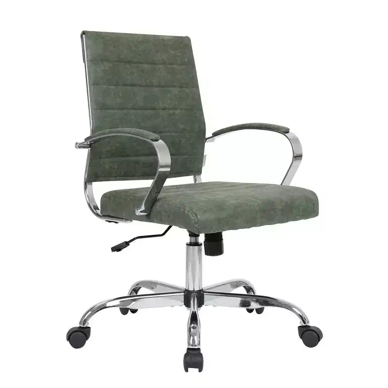 Ribbed Leather Office Chair – Mid-Century Modern Swivel & Tilt Executive Desk Chair, Chrome Base