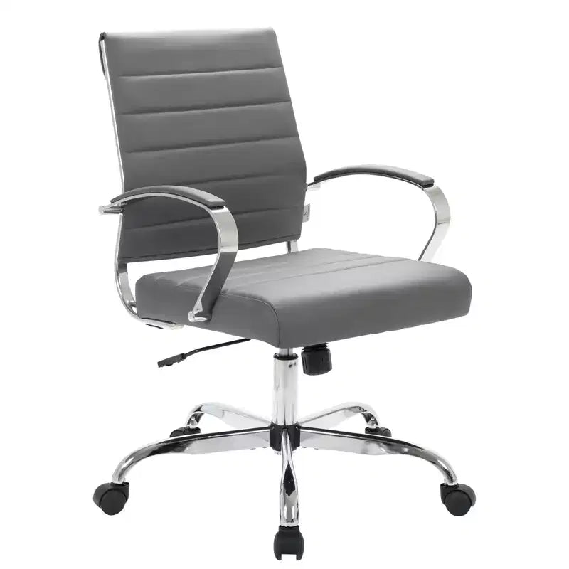Ribbed Leather Office Chair – Mid-Century Modern Swivel & Tilt Executive Desk Chair, Chrome Base