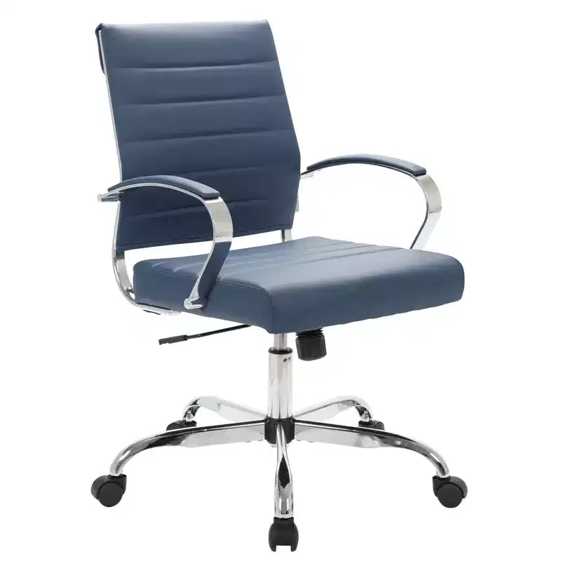 Ribbed Leather Office Chair – Mid-Century Modern Swivel & Tilt Executive Desk Chair, Chrome Base