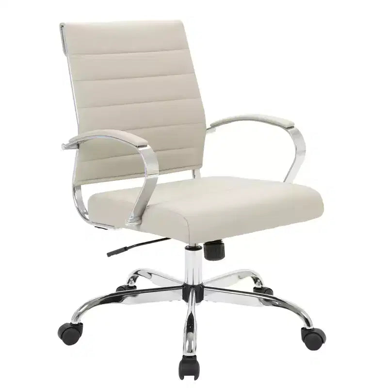 Ribbed Leather Office Chair – Mid-Century Modern Swivel & Tilt Executive Desk Chair, Chrome Base