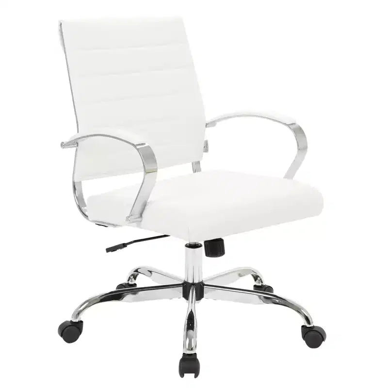 Ribbed Leather Office Chair – Mid-Century Modern Swivel & Tilt Executive Desk Chair, Chrome Base