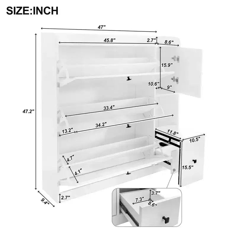 Shoe Cabinet with 3 Flip Drawers & Pull-Down Seat, Holds 12 Pairs, 47"H