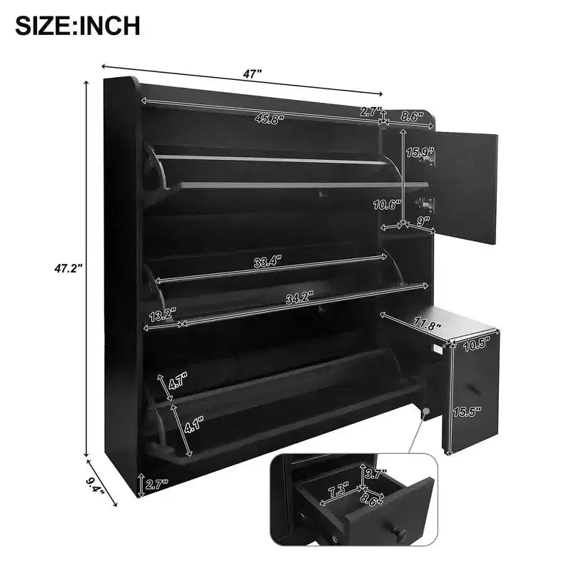 Meuble à chaussures avec 3 tiroirs basculants et siège escamotable, capacité de 12 paires, 119 cm de hauteur