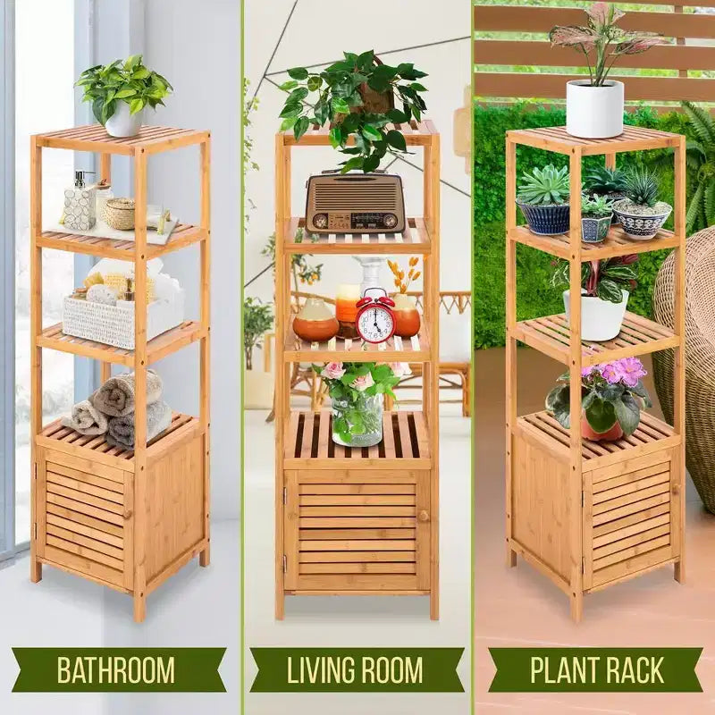 Meuble de rangement 5 niveaux en bambou avec 4 étagères et porte, écologique, intérieur/extérieur