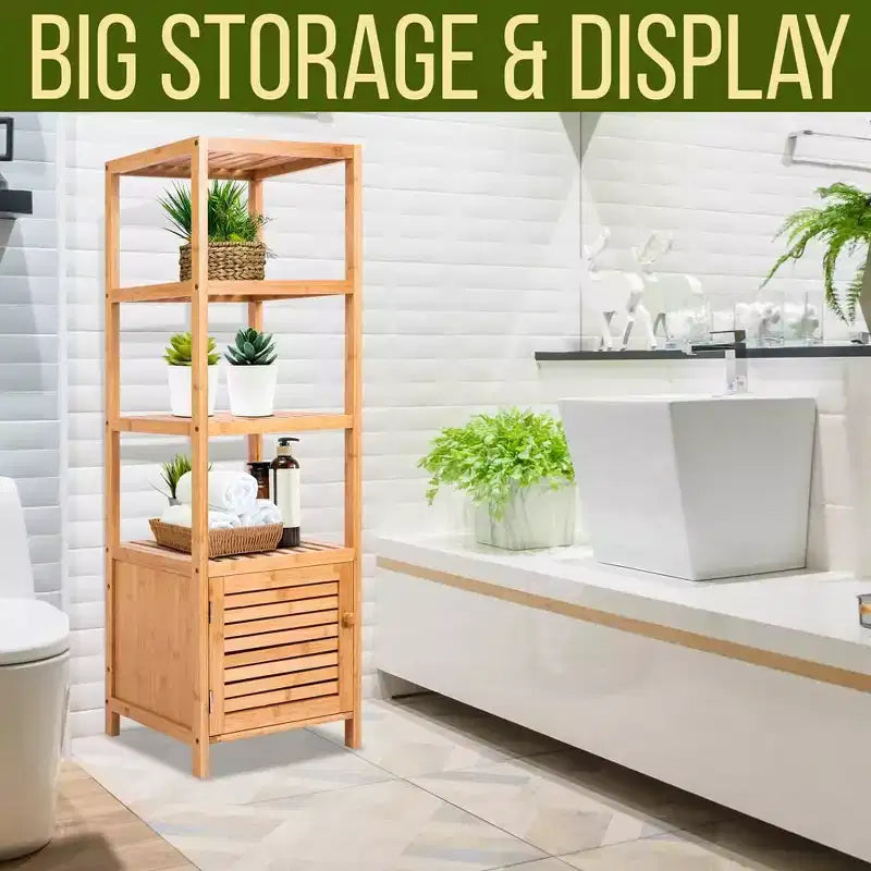 5-Tier Bamboo Storage Cabinet with 4 Shelves & Door, Eco-Friendly, Indoor/Outdoor