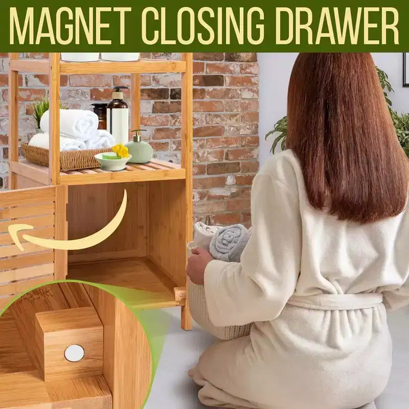 Meuble de rangement 5 niveaux en bambou avec 4 étagères et porte, écologique, intérieur/extérieur