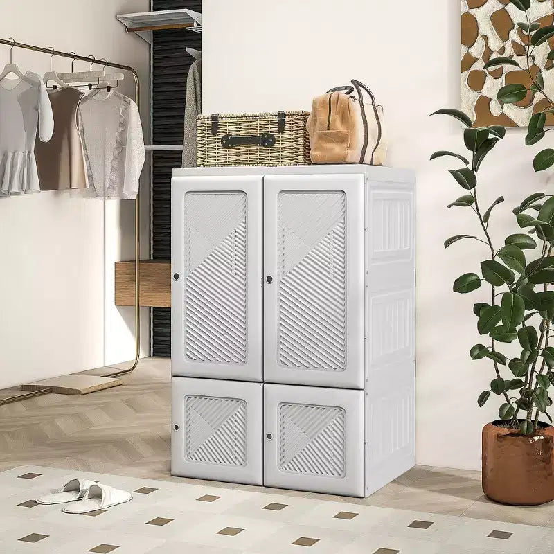 Portable Foldable Wardrobe Closet with Cube Compartments, Magnet Doors & Hanging Rod, White