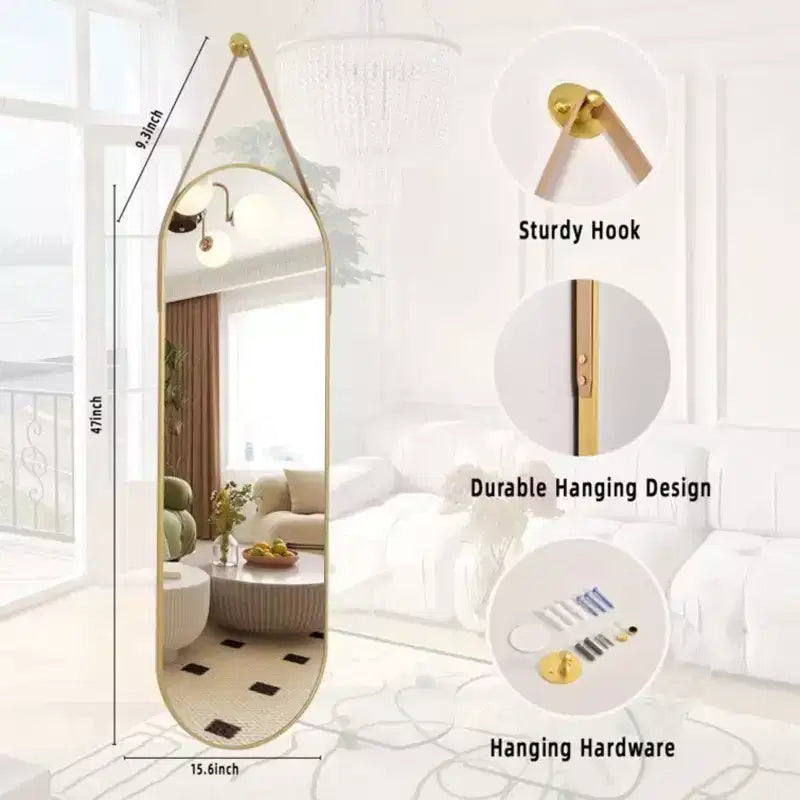 Miroir Mural Ovale 16x48 Pleine Longueur, Noir/Doré – Miroir Décoratif pour Salle de Bain et Entrée