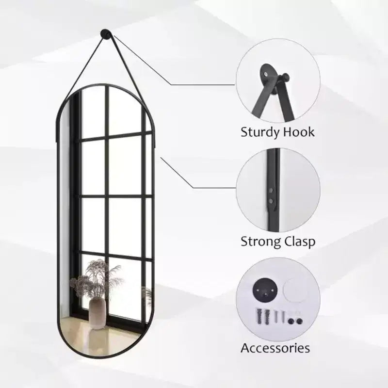 Miroir Mural Ovale 16x48 Pleine Longueur, Noir/Doré – Miroir Décoratif pour Salle de Bain et Entrée