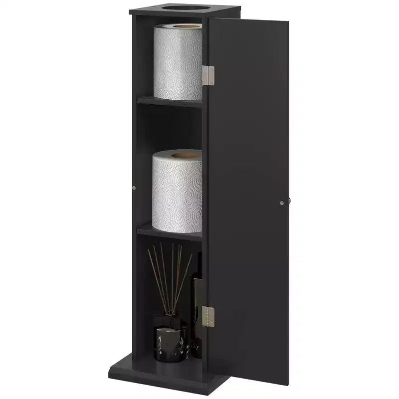Small Bathroom Corner Floor Cabinet with Doors and Shelves – Thin Storage Organizer for Toilet Paper & Shampoo