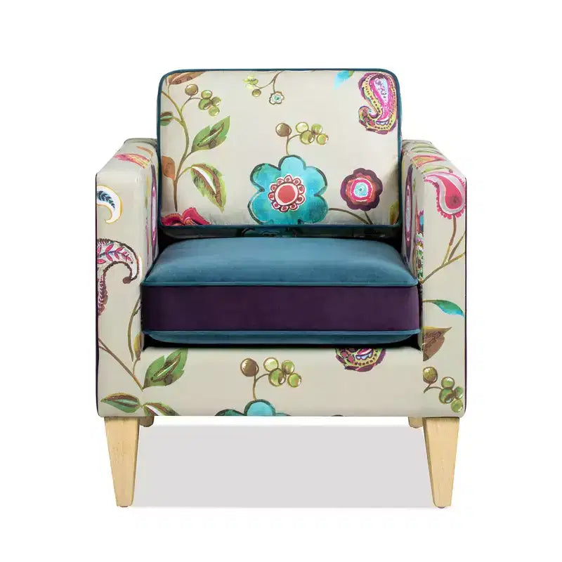 28" Patchwork Velvet Accent Chair with Track Arms & Wood Legs, 300 lb Capacity