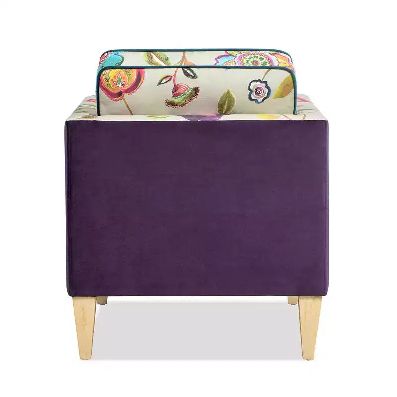Fauteuil d'appoint 28" en velours patchwork avec accoudoirs droits et pieds en bois, capacité de 136 kg
