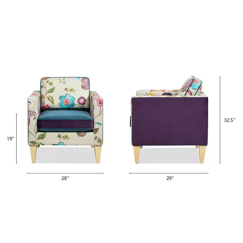 Fauteuil d'appoint 28" en velours patchwork avec accoudoirs droits et pieds en bois, capacité de 136 kg