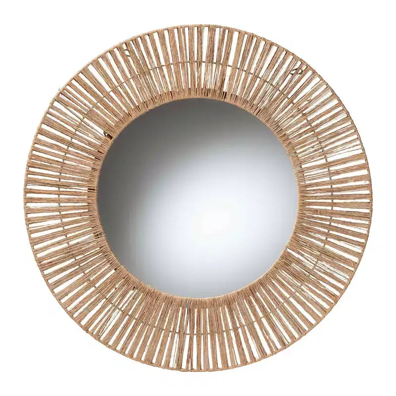 Miroir mural d'appoint bohème rond en jonc de mer de 31,5 po, cadre en métal, marron naturel
