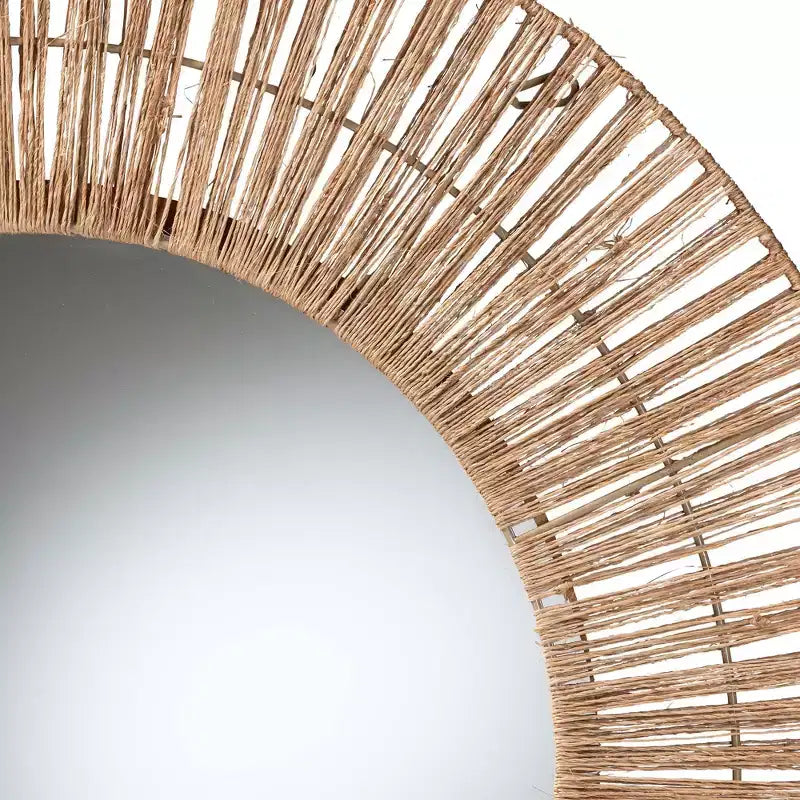 Miroir mural d'appoint bohème rond en jonc de mer de 31,5 po, cadre en métal, marron naturel