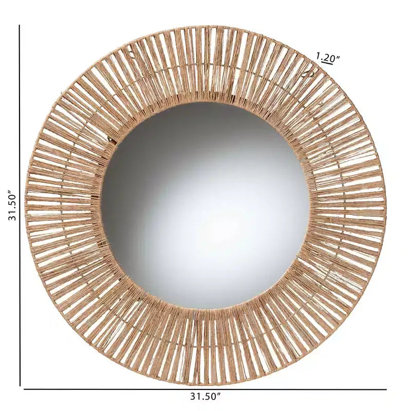 Miroir mural d'appoint bohème rond en jonc de mer de 31,5 po, cadre en métal, marron naturel