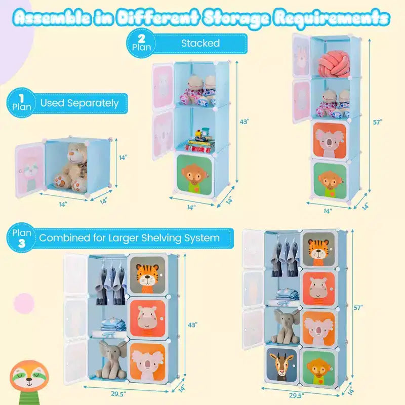 Armoire pour Enfants 8 Cubes avec Section Penderie et Portes à Motif Animal, Bleu/Rose/Blanc