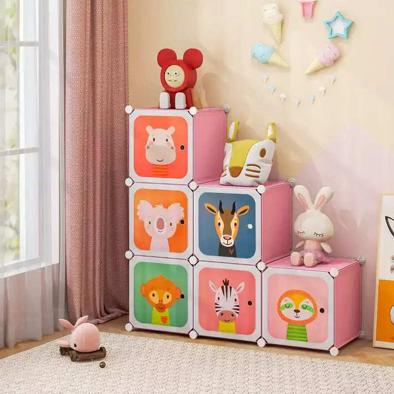 Armoire pour Enfants 8 Cubes avec Section Penderie et Portes à Motif Animal, Bleu/Rose/Blanc