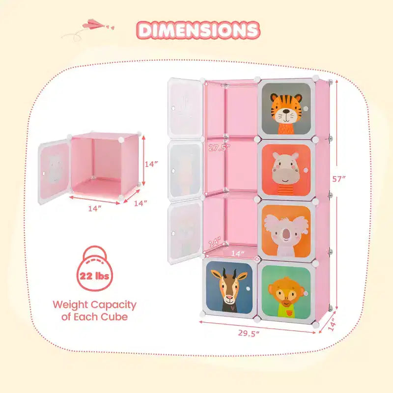 Armoire pour Enfants 8 Cubes avec Section Penderie et Portes à Motif Animal, Bleu/Rose/Blanc