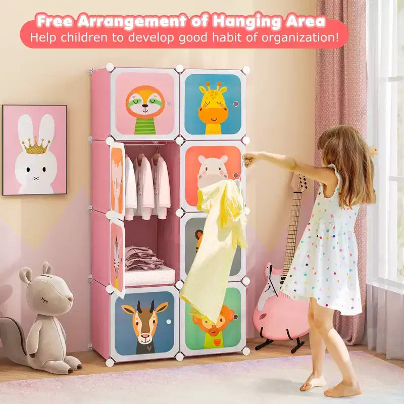 Armoire pour Enfants 8 Cubes avec Section Penderie et Portes à Motif Animal, Bleu/Rose/Blanc