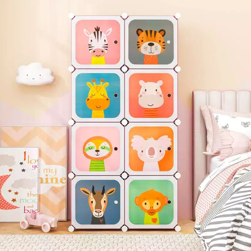 Armoire pour Enfants 8 Cubes avec Section Penderie et Portes à Motif Animal, Bleu/Rose/Blanc