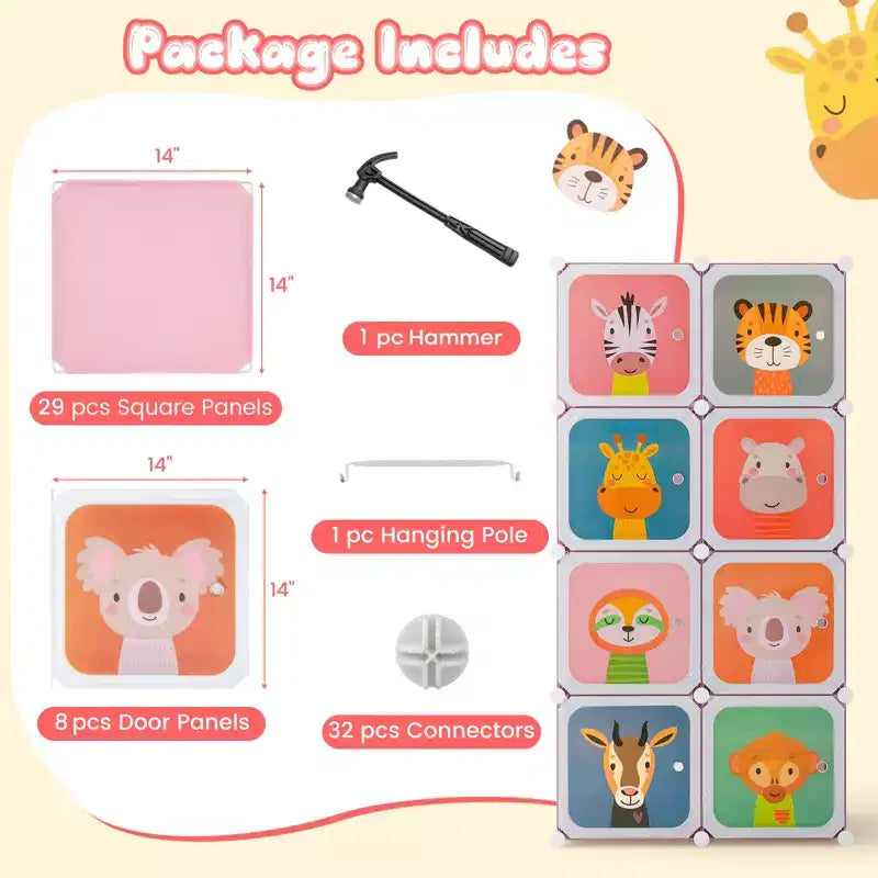 Armoire pour Enfants 8 Cubes avec Section Penderie et Portes à Motif Animal, Bleu/Rose/Blanc